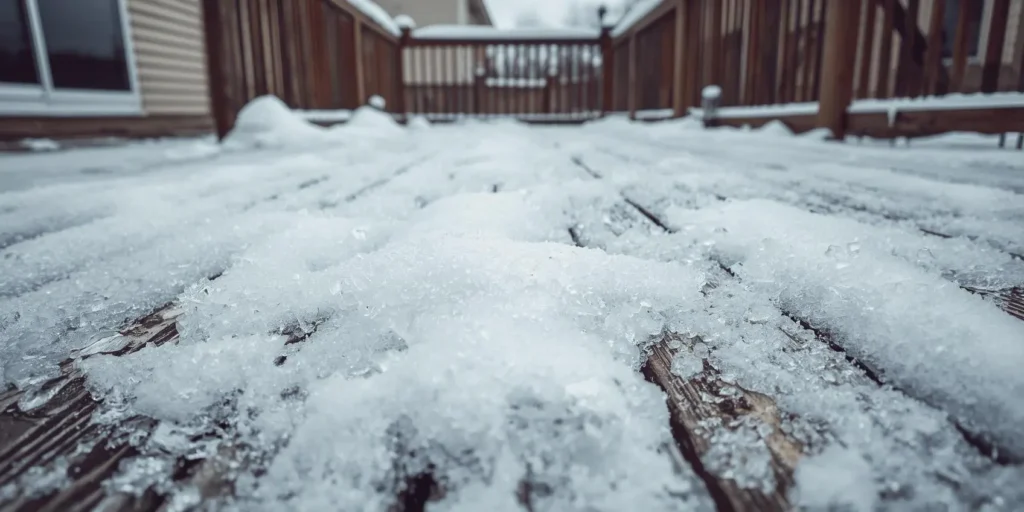 A Connecticut backyard deck covered in snow and ice.