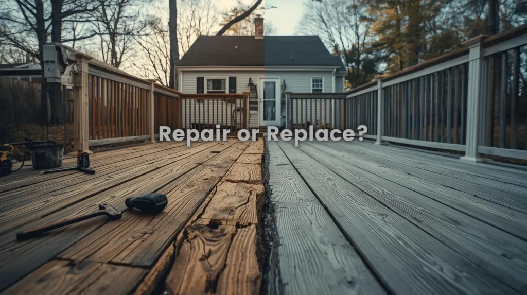 Image showing a Connecticut home deck with one side in need of repair or replacement, and the other side showing the deck repaired or replaced.