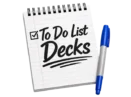 New logo for To Do List Decks - image is of a white notebook with the words, "To Do List Decks", and a blue marker on the lower right-hand side of the notepad. Transparent background.