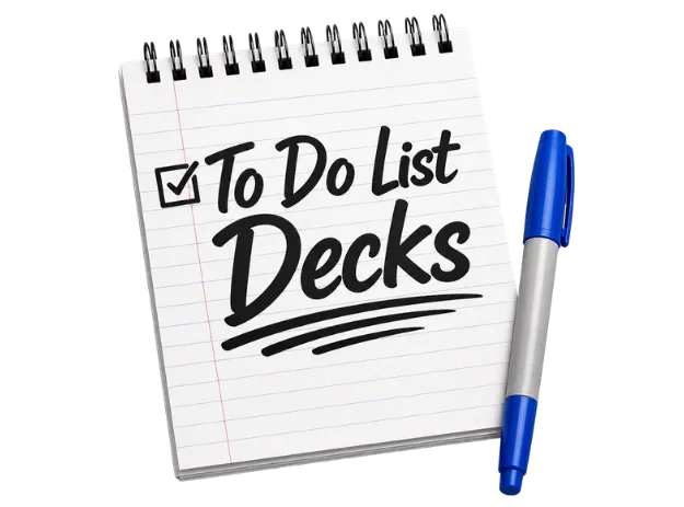 New logo for To Do List Decks - image is of a white notebook with the words, "To Do List Decks", and a blue marker on the lower right-hand side of the notepad. Transparent background.